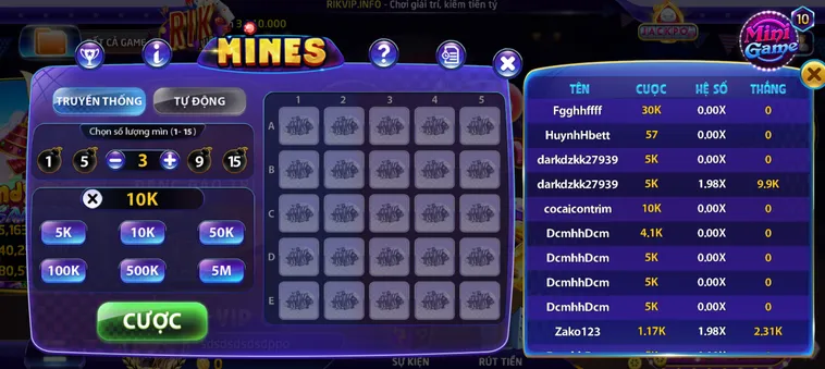 Chinh Phục Minigame Mines Tại RikVip Với Cơ Hội Nhân Tiền Thưởng Cực Lớn Mỗi Ngày
